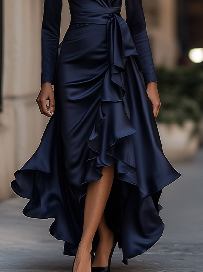 Robe de soirée femme longue satinée à volants et col V