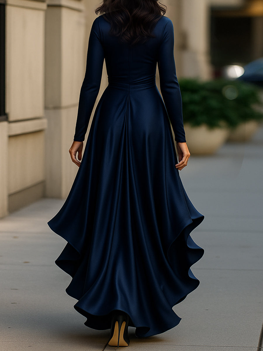 Robe de soirée femme longue satinée à volants et col V