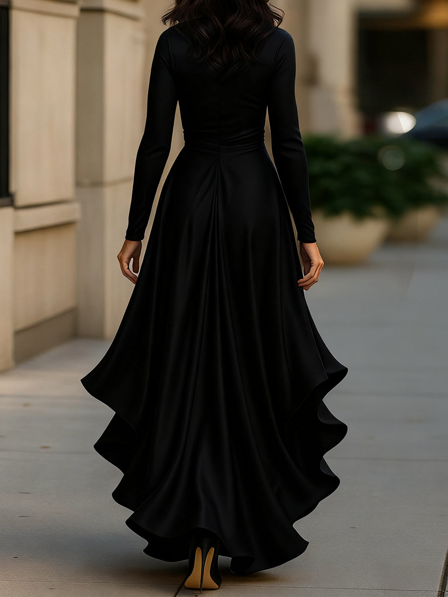 Robe de soirée femme longue satinée à volants et col V