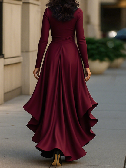 Robe de soirée femme longue satinée à volants et col V