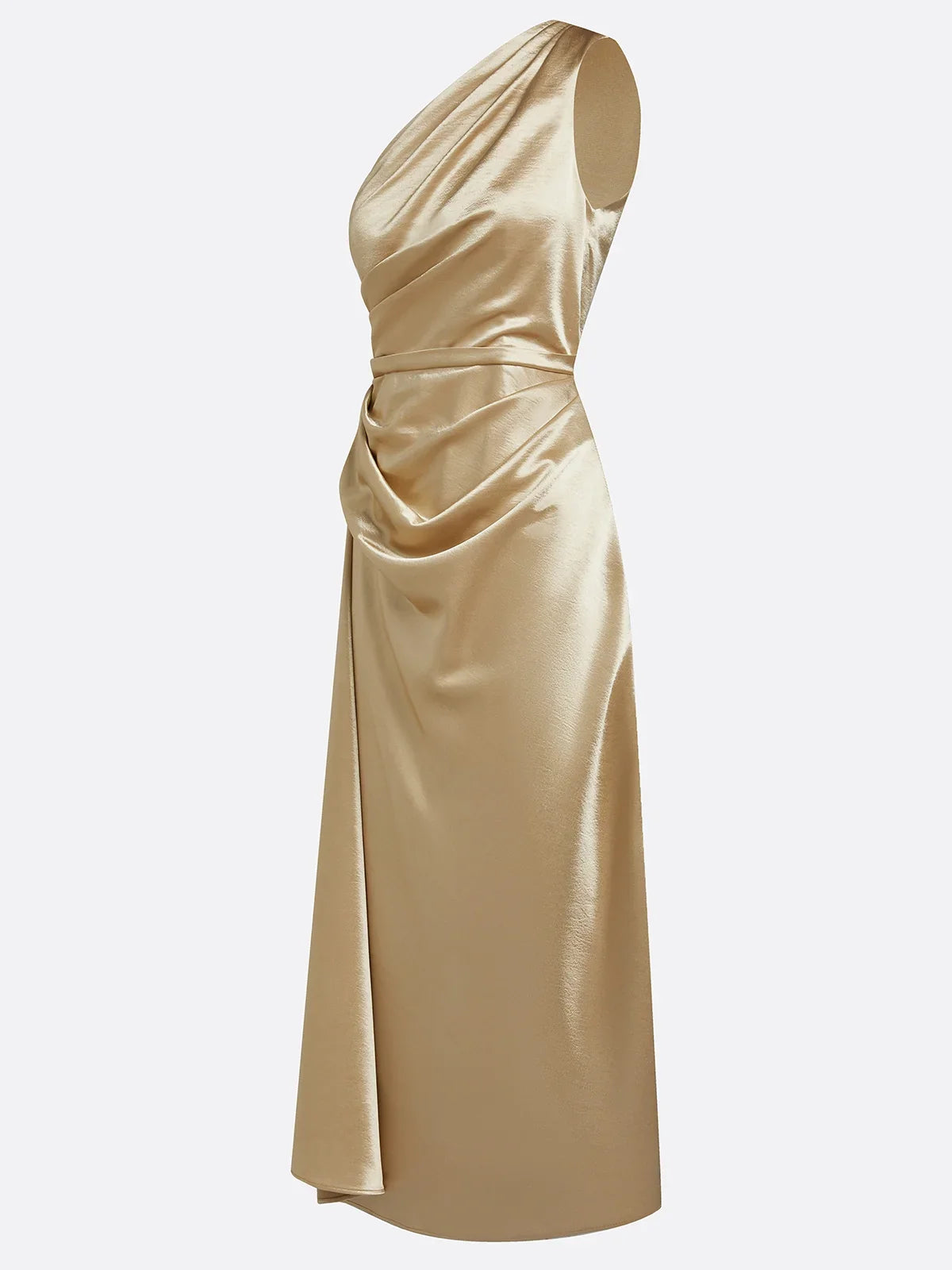 Robe invitée mariage à une épaule, satinée et mi-longue