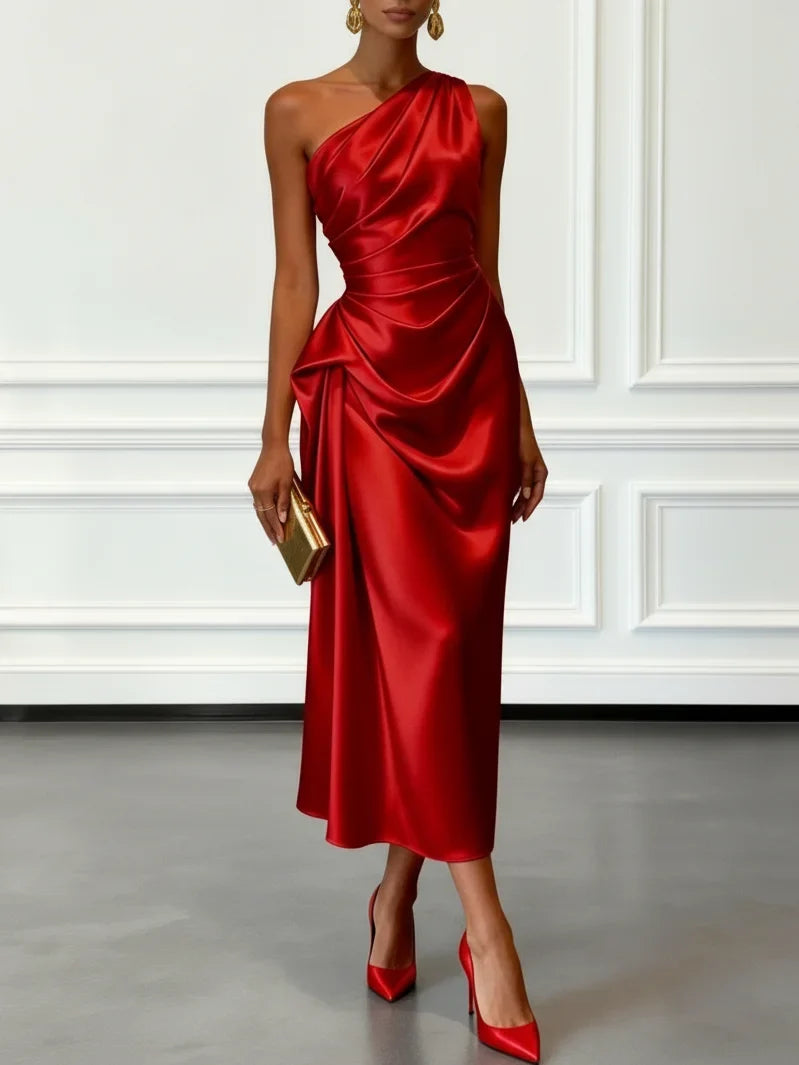 Robe invitée mariage à une épaule, satinée et mi-longue – Rouge