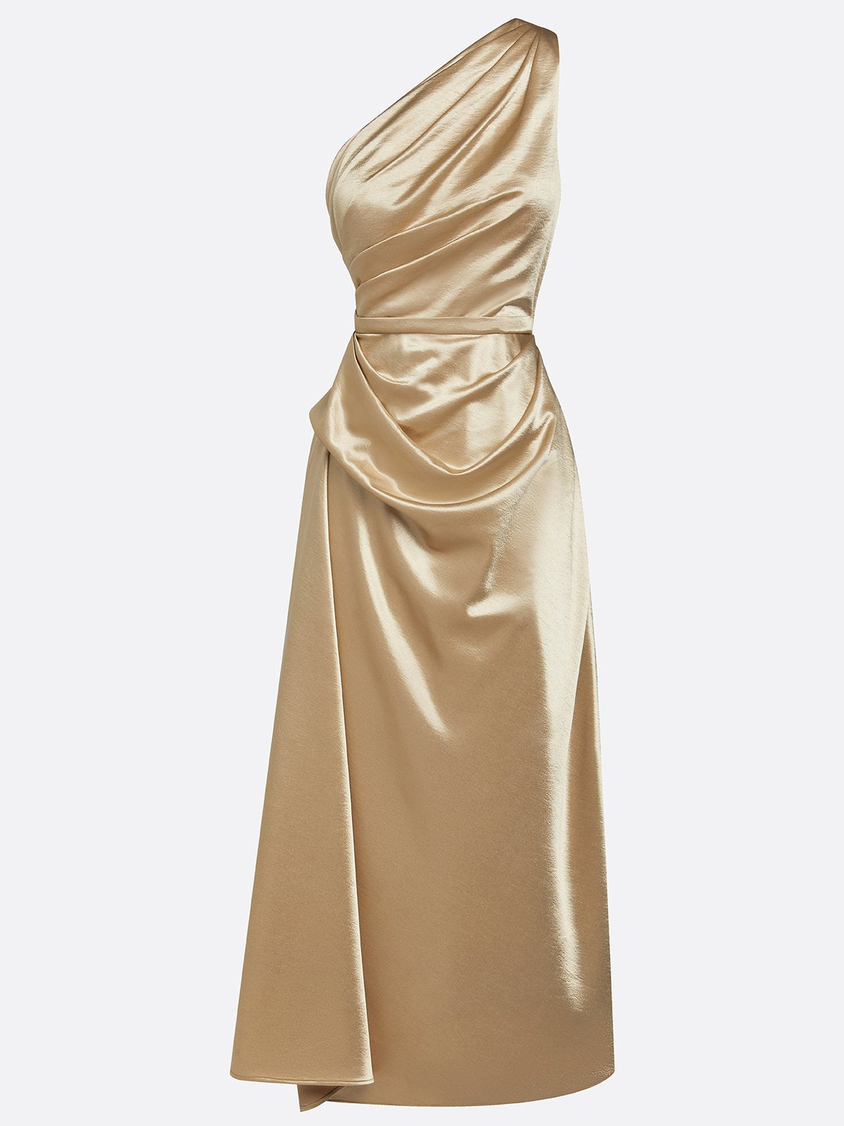 Robe invitée mariage à une épaule, satinée et mi-longue – Or