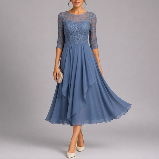 Robe invitée mariage en dentelle brodée mi-longue – Bleu