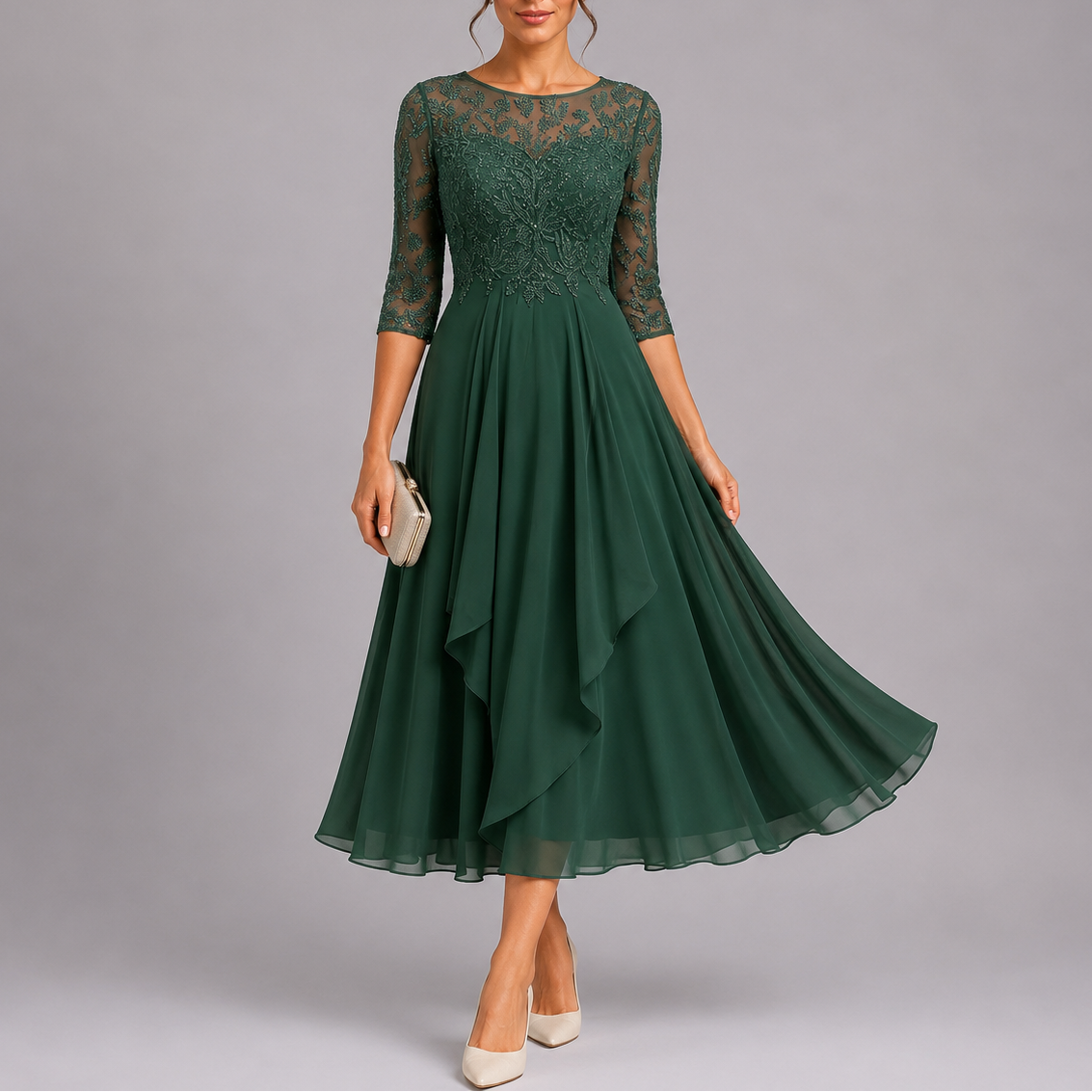 Robe invitée mariage en dentelle brodée mi-longue – Vert