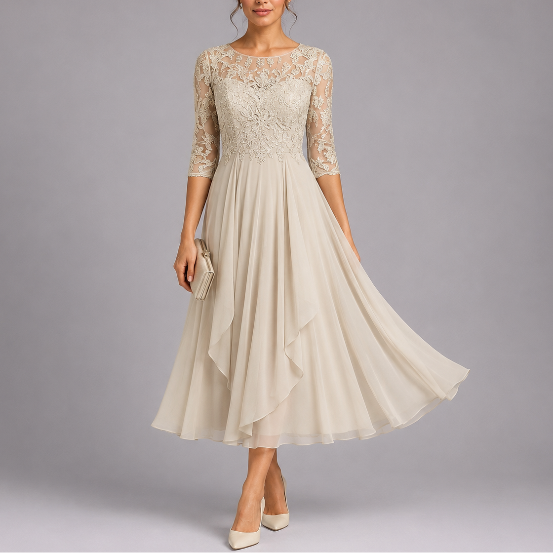 Robe invitée mariage en dentelle brodée mi-longue – Beige