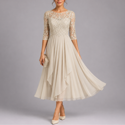 Robe invitée mariage en dentelle brodée mi-longue – Beige