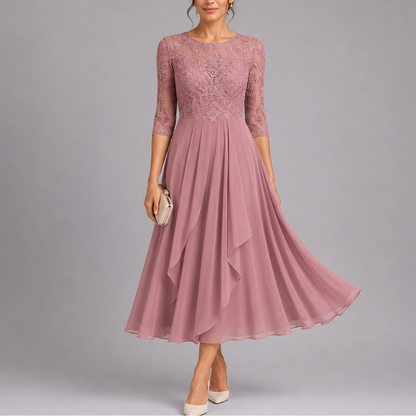 Robe invitée mariage en dentelle brodée mi-longue – Rose
