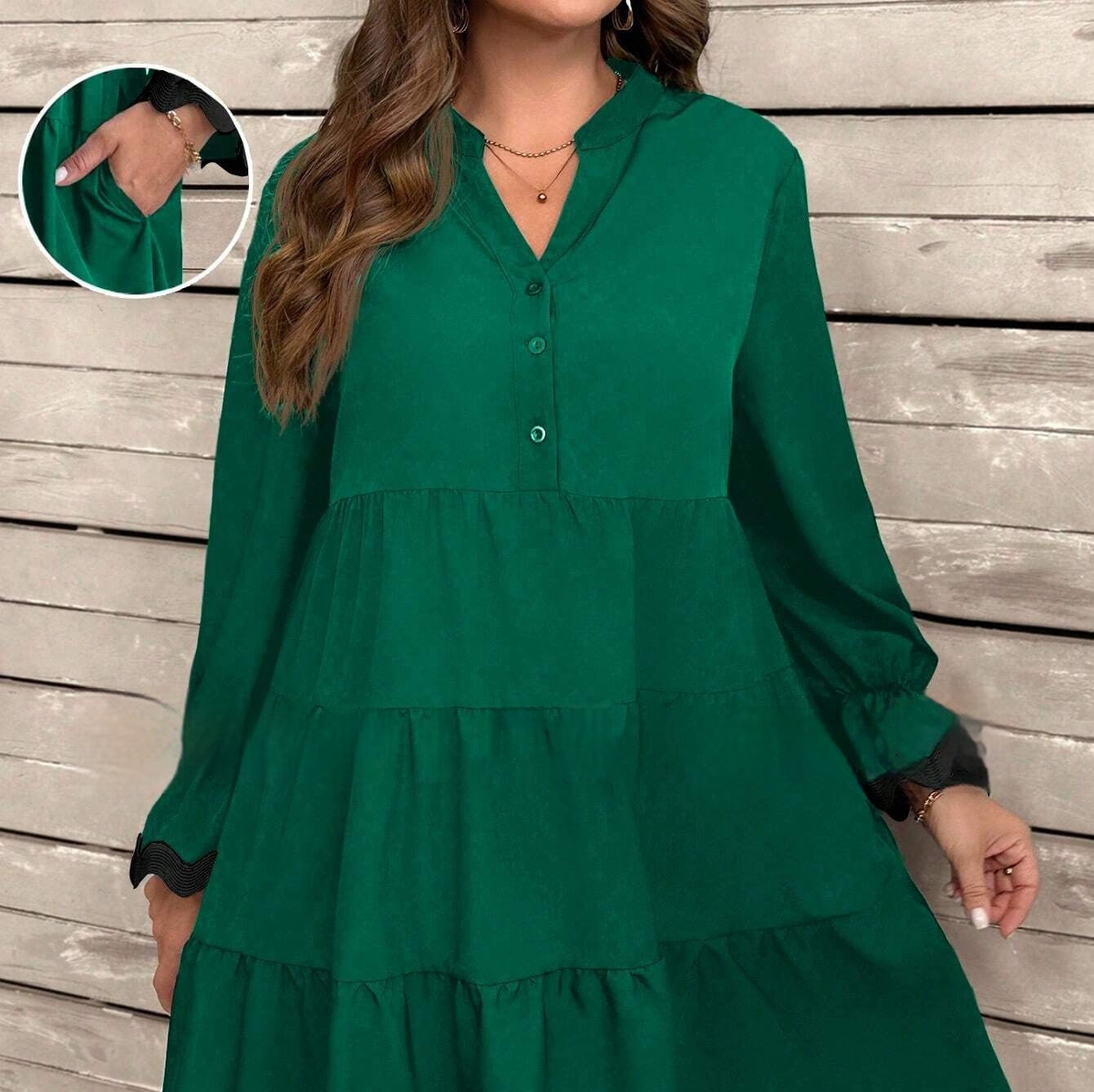Robe midi femme fluide à col V et manches longues – Vert foncé