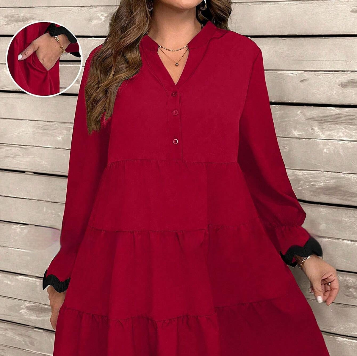Robe midi femme fluide à col V et manches longues – Rouge
