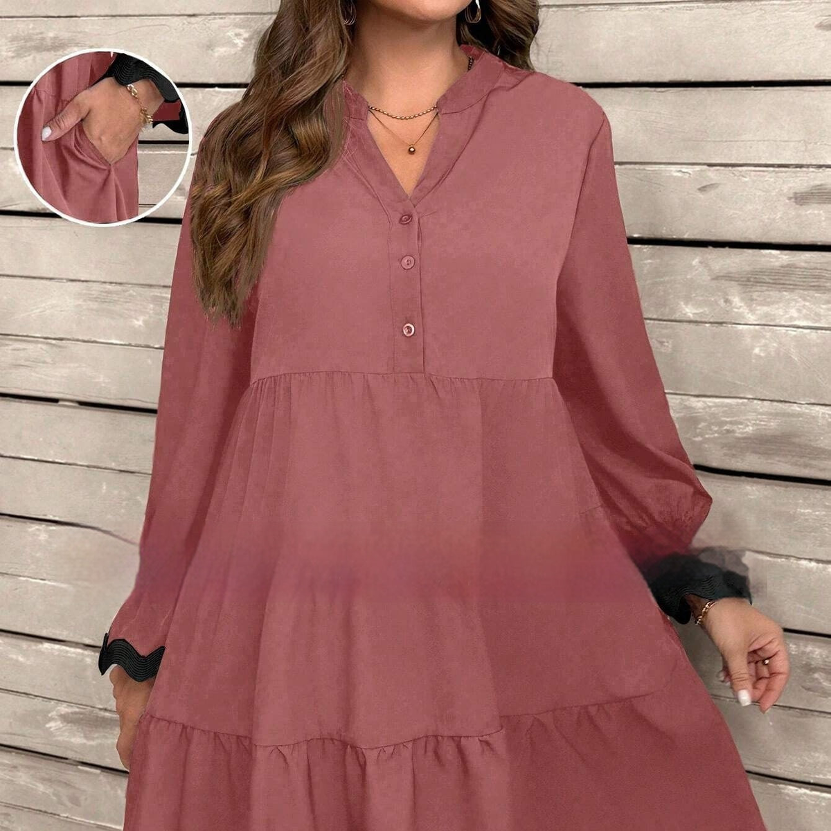 Robe midi femme fluide à col V et manches longues – Rouge pastèque