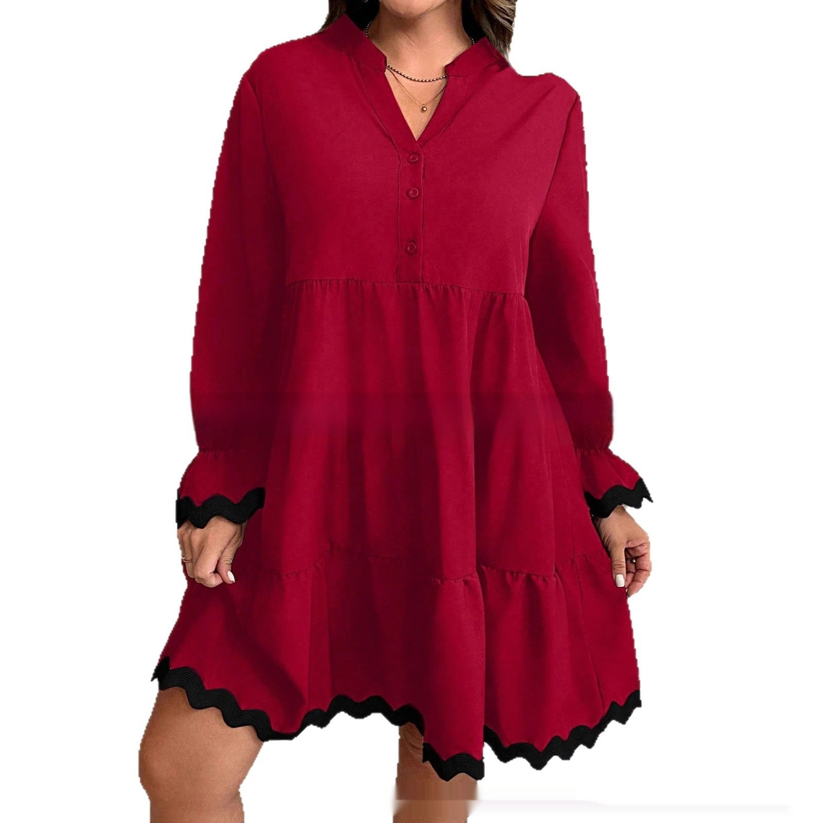 Robe midi femme fluide à col V et manches longues