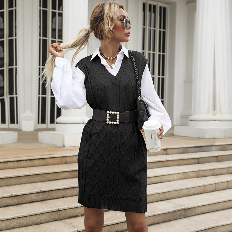Robe pull femme col V en maille torsadée à superposer