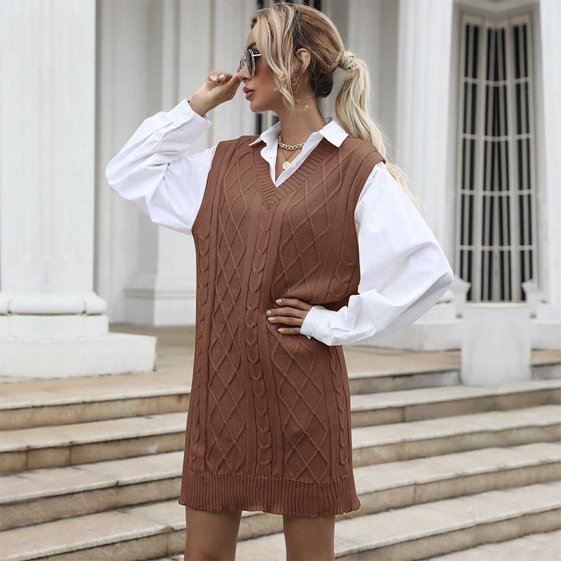 Robe pull femme col V en maille torsadée à superposer