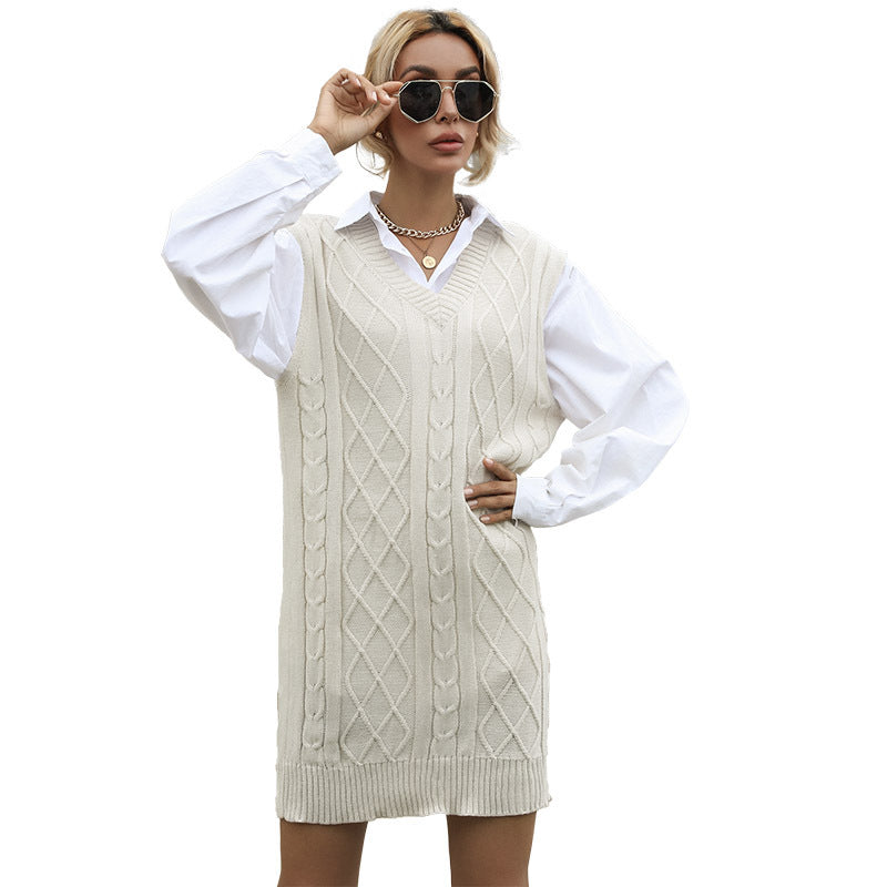 Robe pull femme col V en maille torsadée à superposer