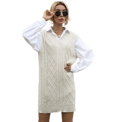 Robe pull femme col V en maille torsadée à superposer