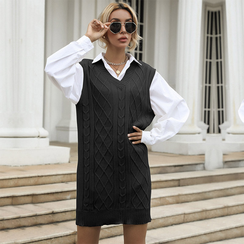 Robe pull femme col V en maille torsadée à superposer – Noir
