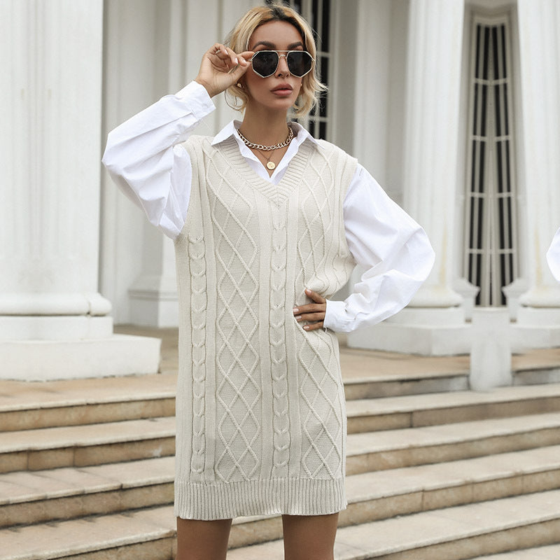 Robe pull femme col V en maille torsadée à superposer – Abricot