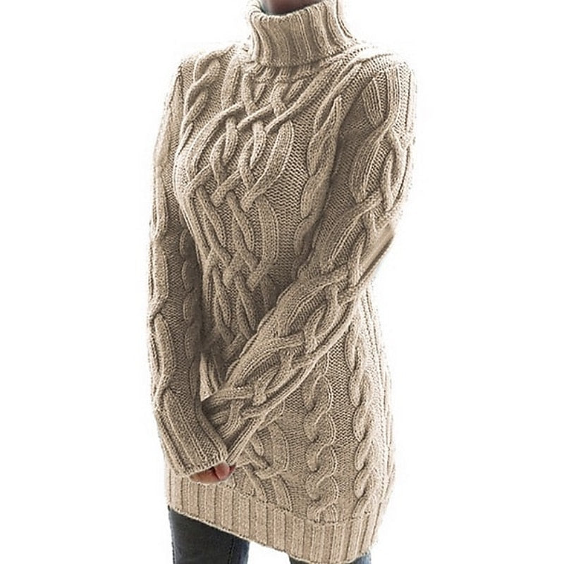 Robe pull femme col roulé en maille torsadée – Kaki