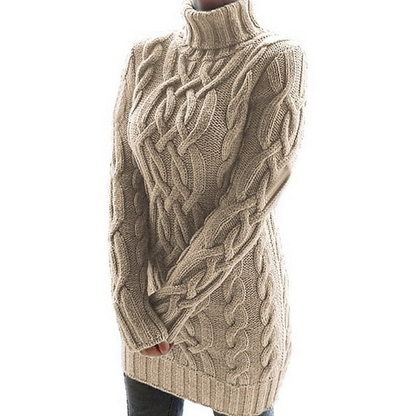 Robe pull femme col roulé en maille torsadée – Kaki