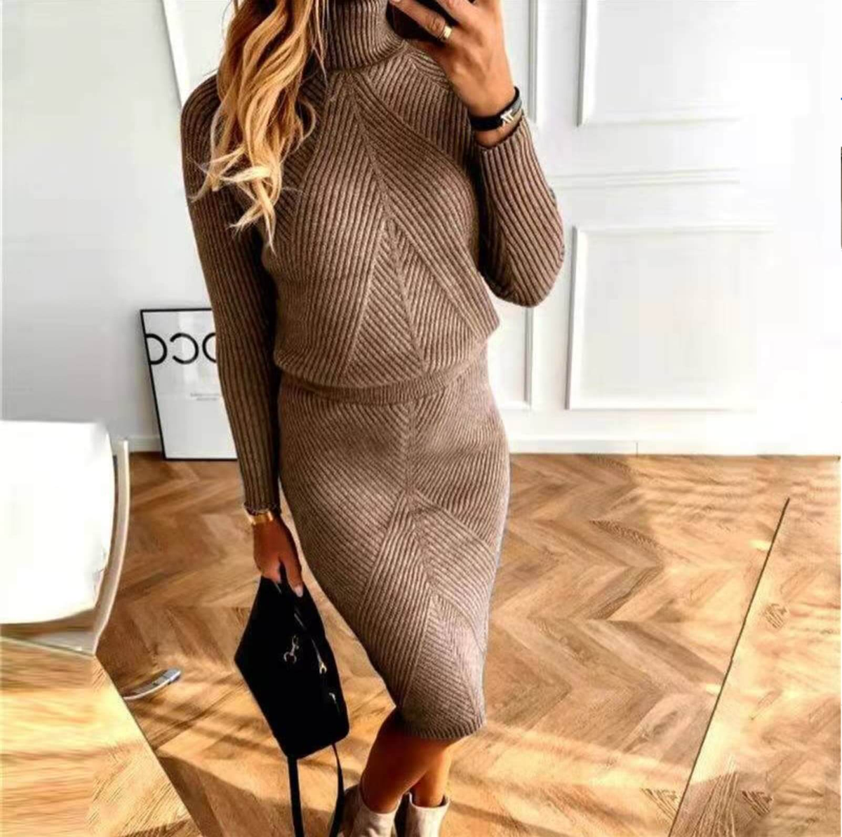 Robe pull femme col roulé mi-longue en maille côtelée – Marron