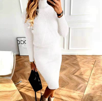 Robe pull femme col roulé mi-longue en maille côtelée – Blanc