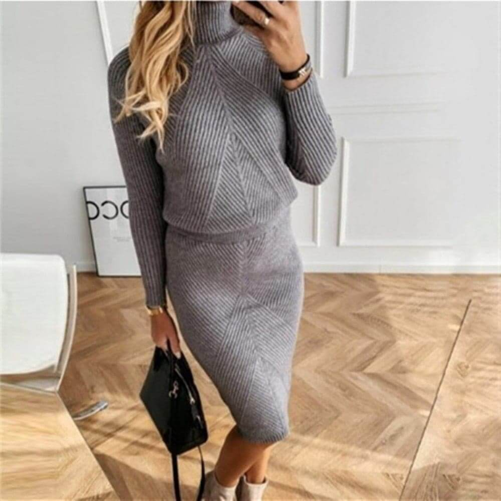 Robe pull femme col roulé mi-longue en maille côtelée – Gris