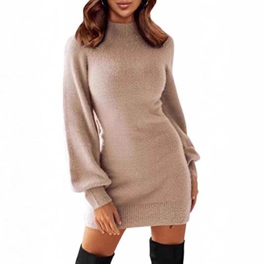 Robe pull femme courte à col rond et manches bouffantes