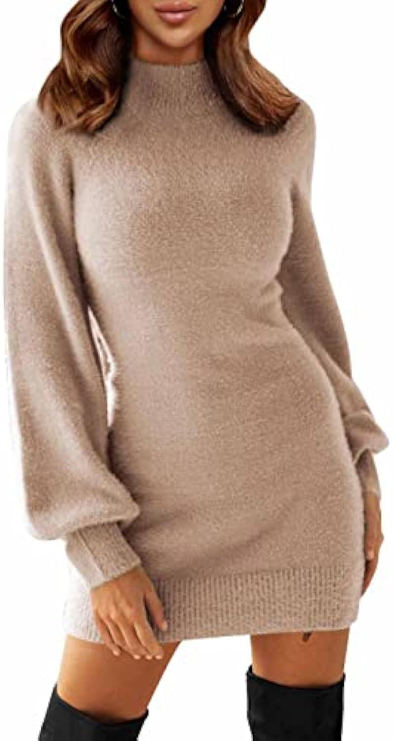 Robe pull femme courte à col rond et manches bouffantes – Abricot