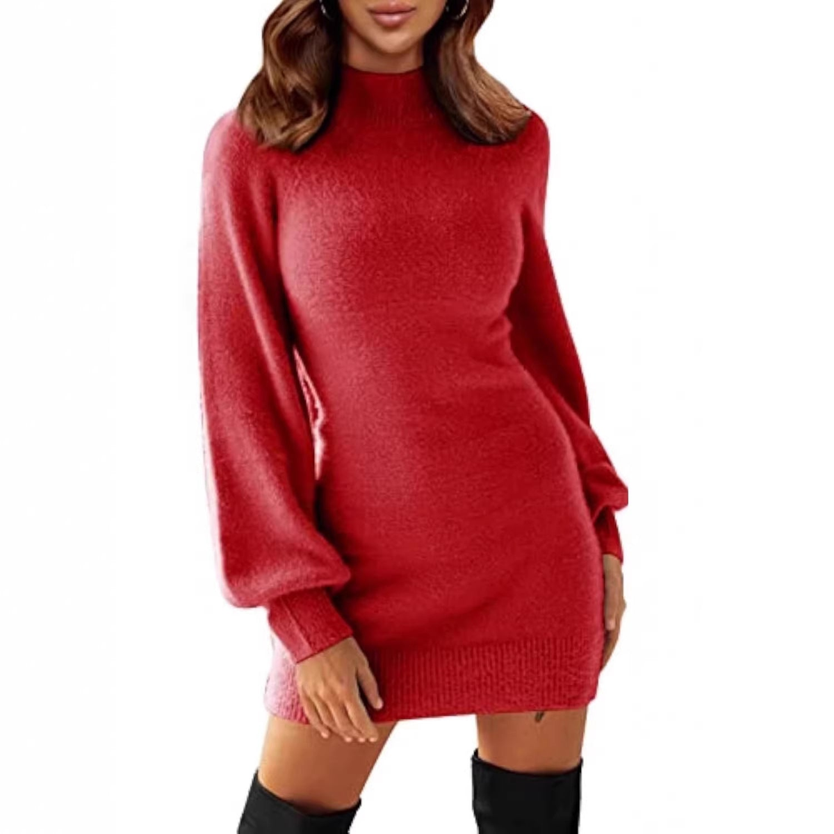 Robe pull femme courte à col rond et manches bouffantes