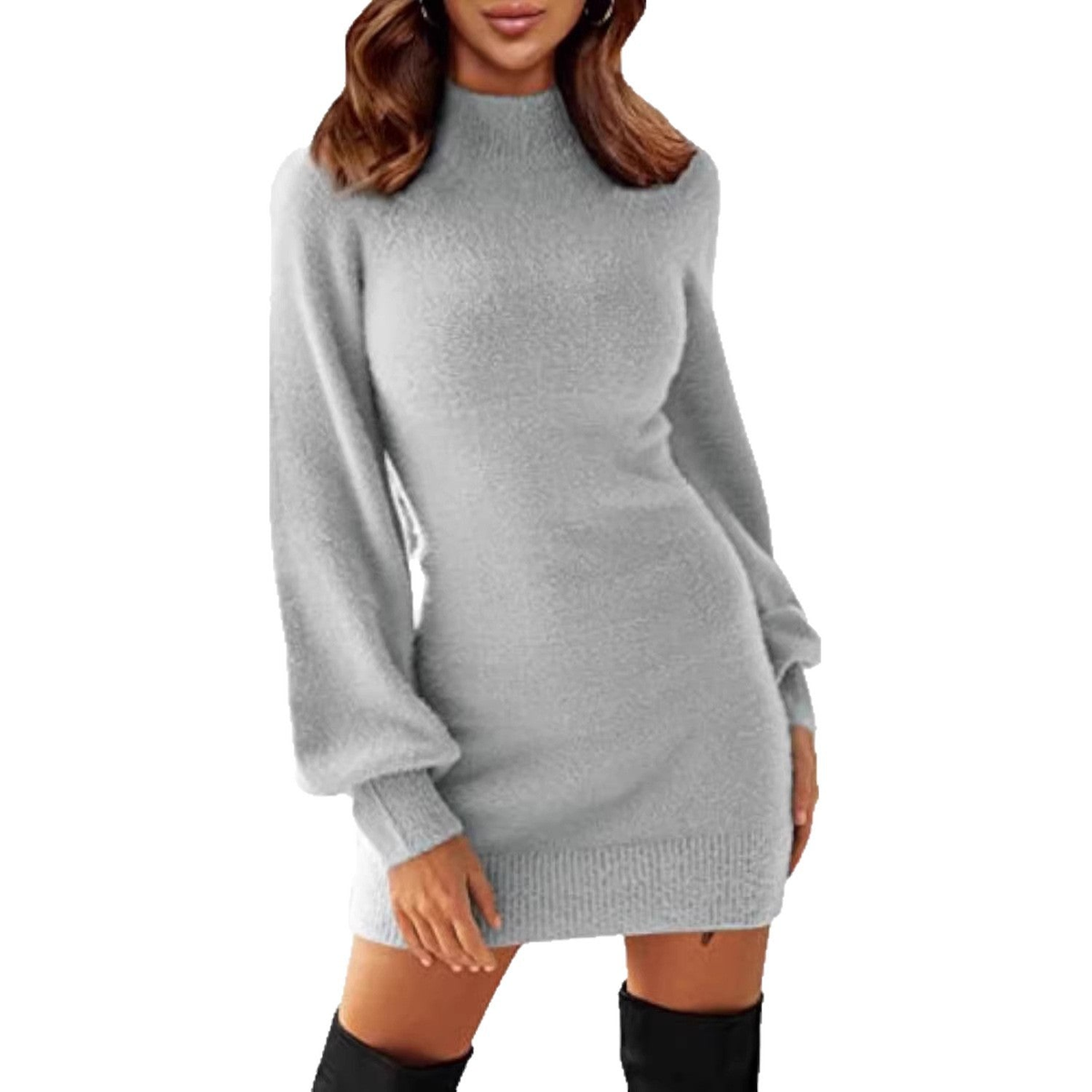 Robe pull femme courte à col rond et manches bouffantes
