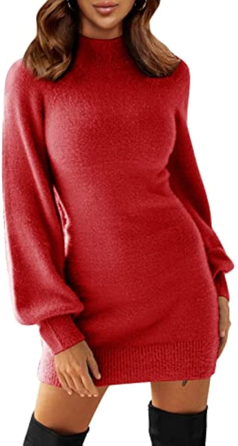Robe pull femme courte à col rond et manches bouffantes – Rouge