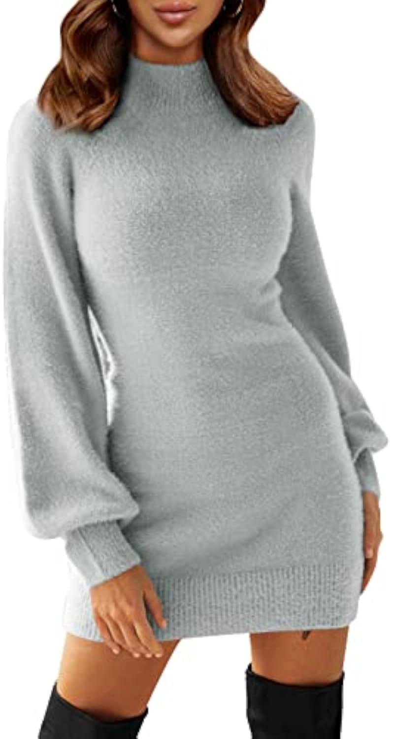 Robe pull femme courte à col rond et manches bouffantes – Gris