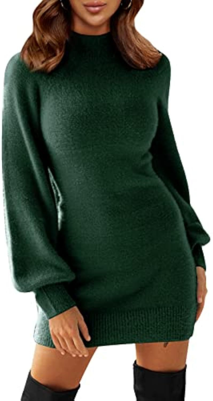 Robe pull femme courte à col rond et manches bouffantes – Vert