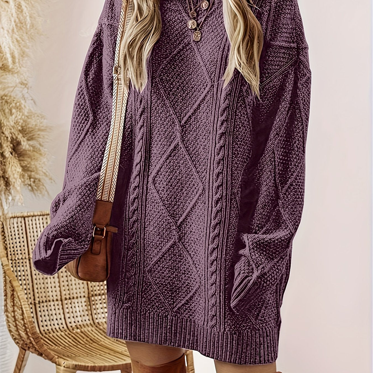 Robe pull femme en maille torsadée à col rond – Violet