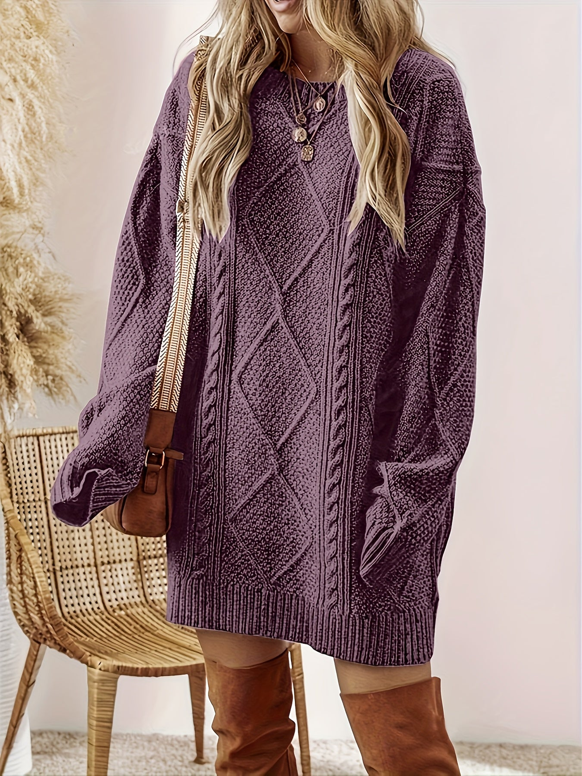 Robe pull femme en maille torsadée à col rond