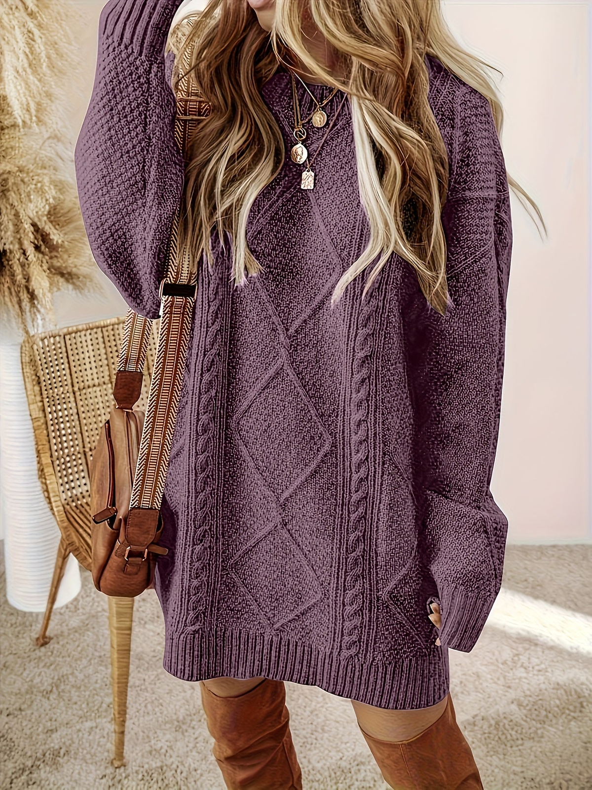 Robe pull femme en maille torsadée à col rond