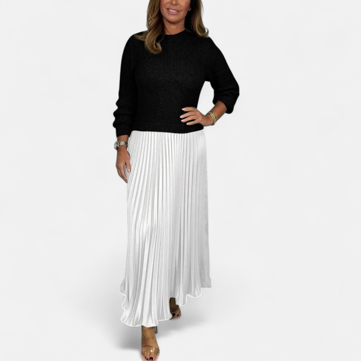 Robe pull femme longue à jupe plissée et manches longues – Noir et blanc