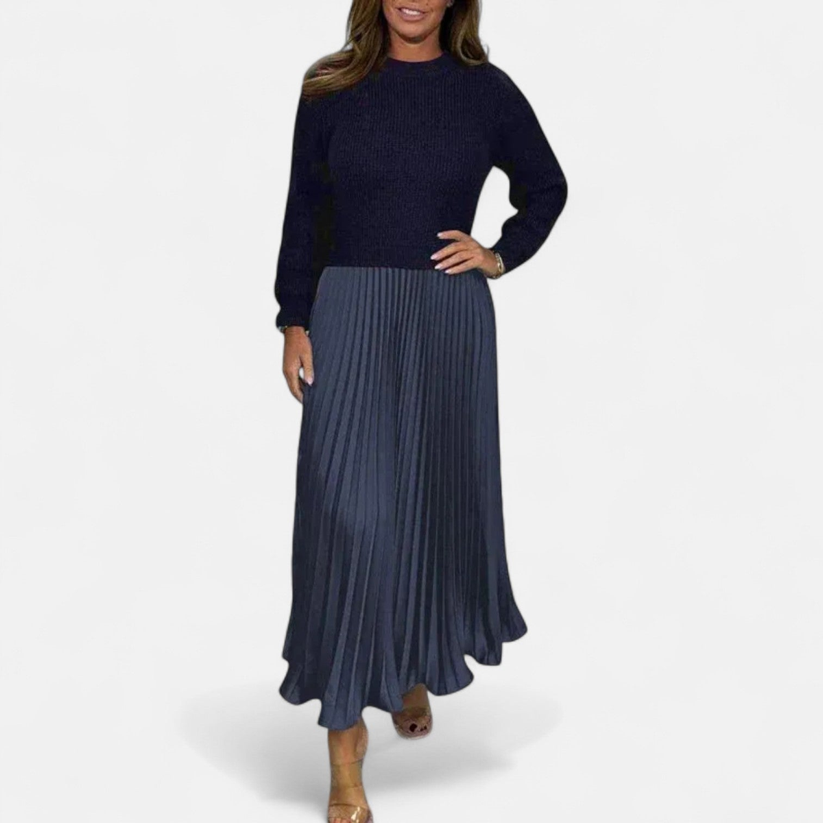 Robe pull femme longue à jupe plissée et manches longues – Bleu