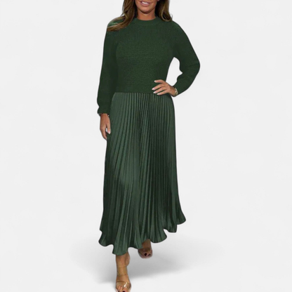 Robe pull femme longue à jupe plissée et manches longues – Vert
