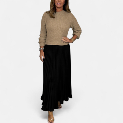 Robe pull femme longue à jupe plissée et manches longues – Marron et noir