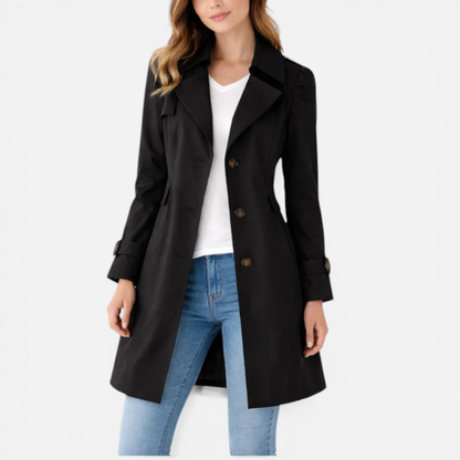 Trench femme classique boutonné longueur genou – Noir brillant
