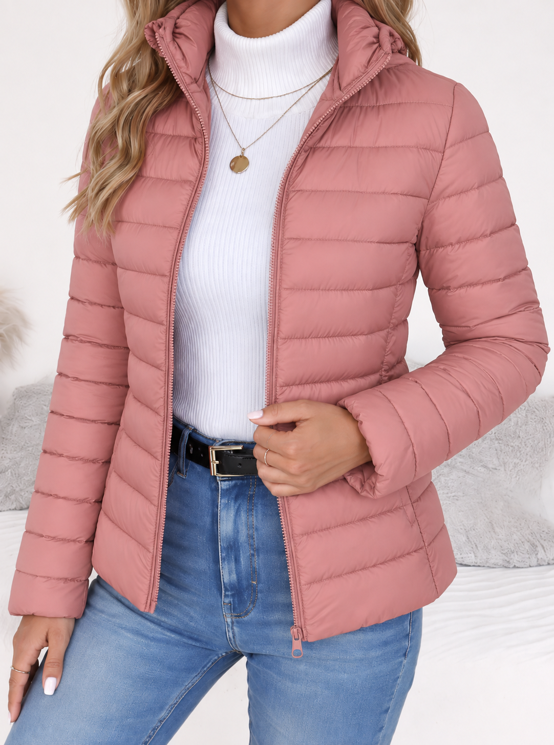 Veste matelassée femme ajustée à col montant – Rose
