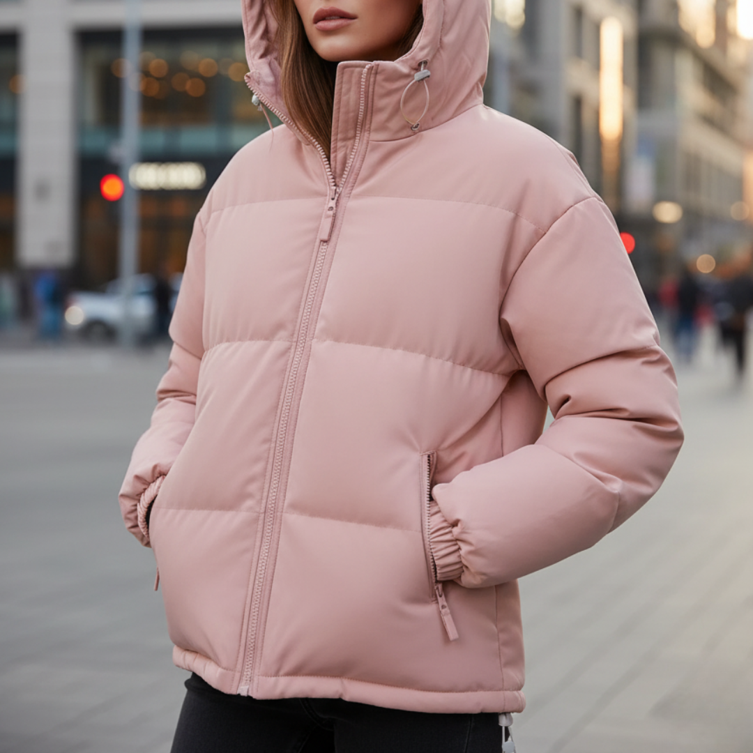 Veste matelassée femme cintrée à capuche zippée – Rose