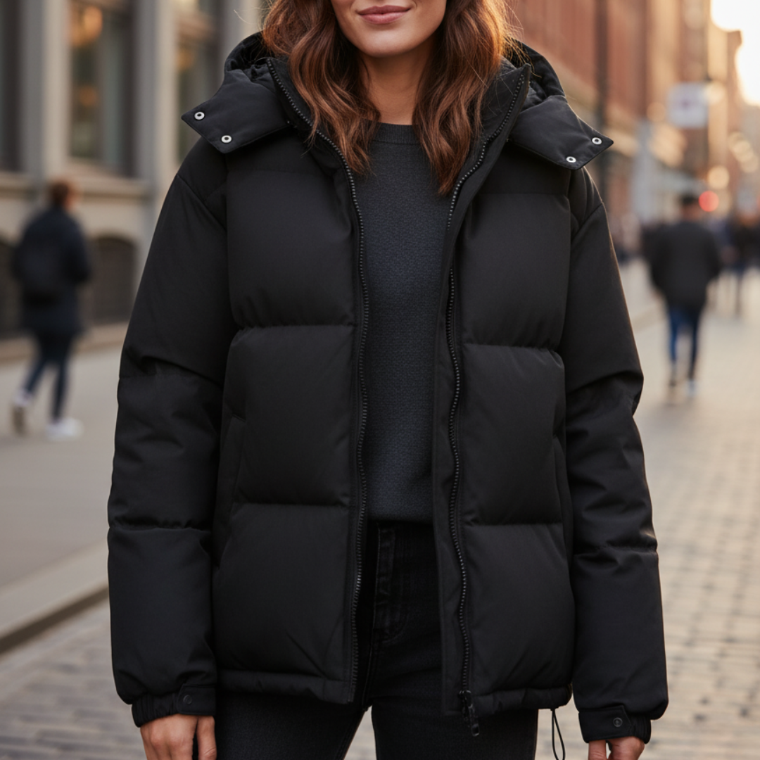 Veste matelassée femme cintrée à capuche zippée – Noir