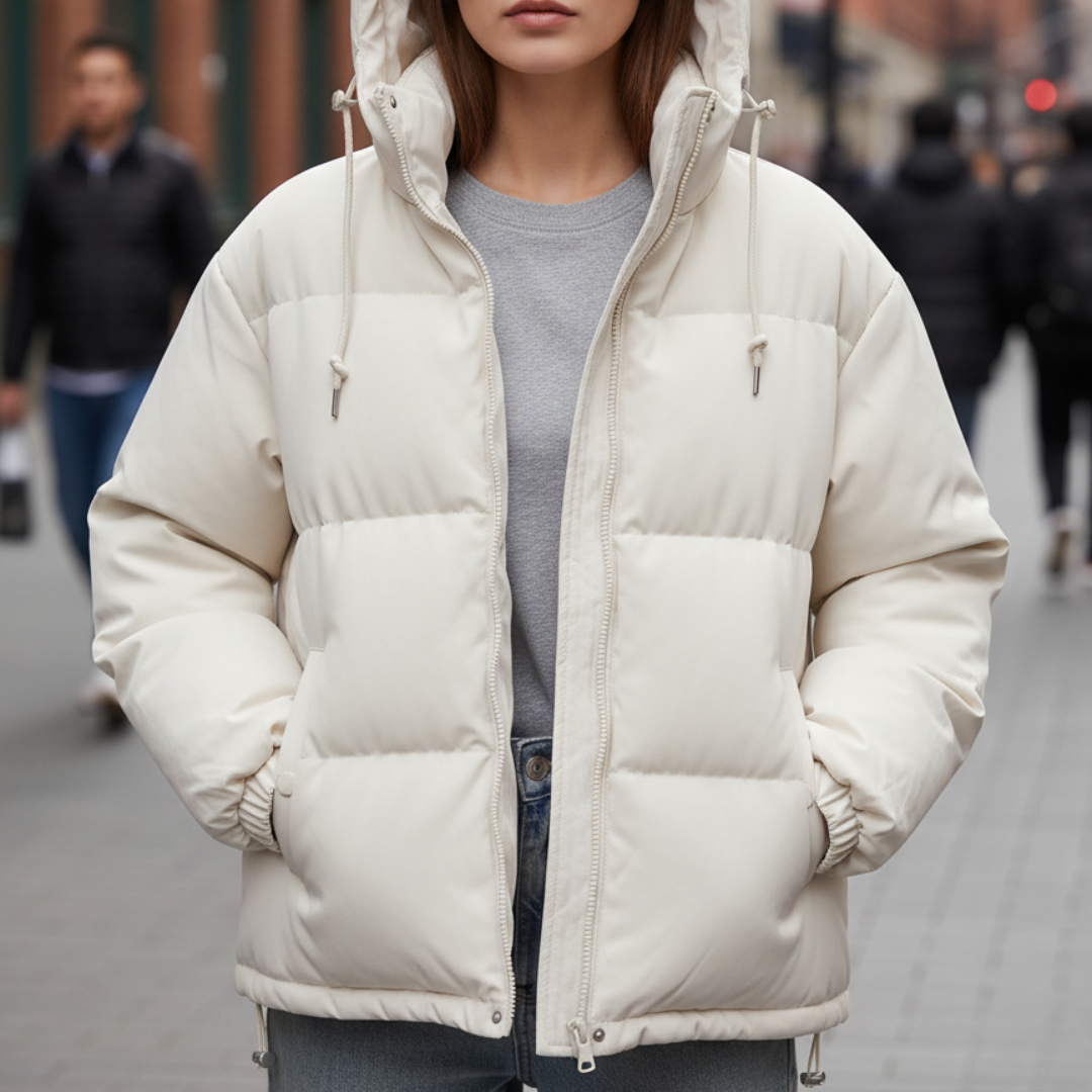 Veste matelassée femme cintrée à capuche zippée – Blanc