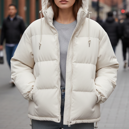 Veste matelassée femme cintrée à capuche zippée – Blanc