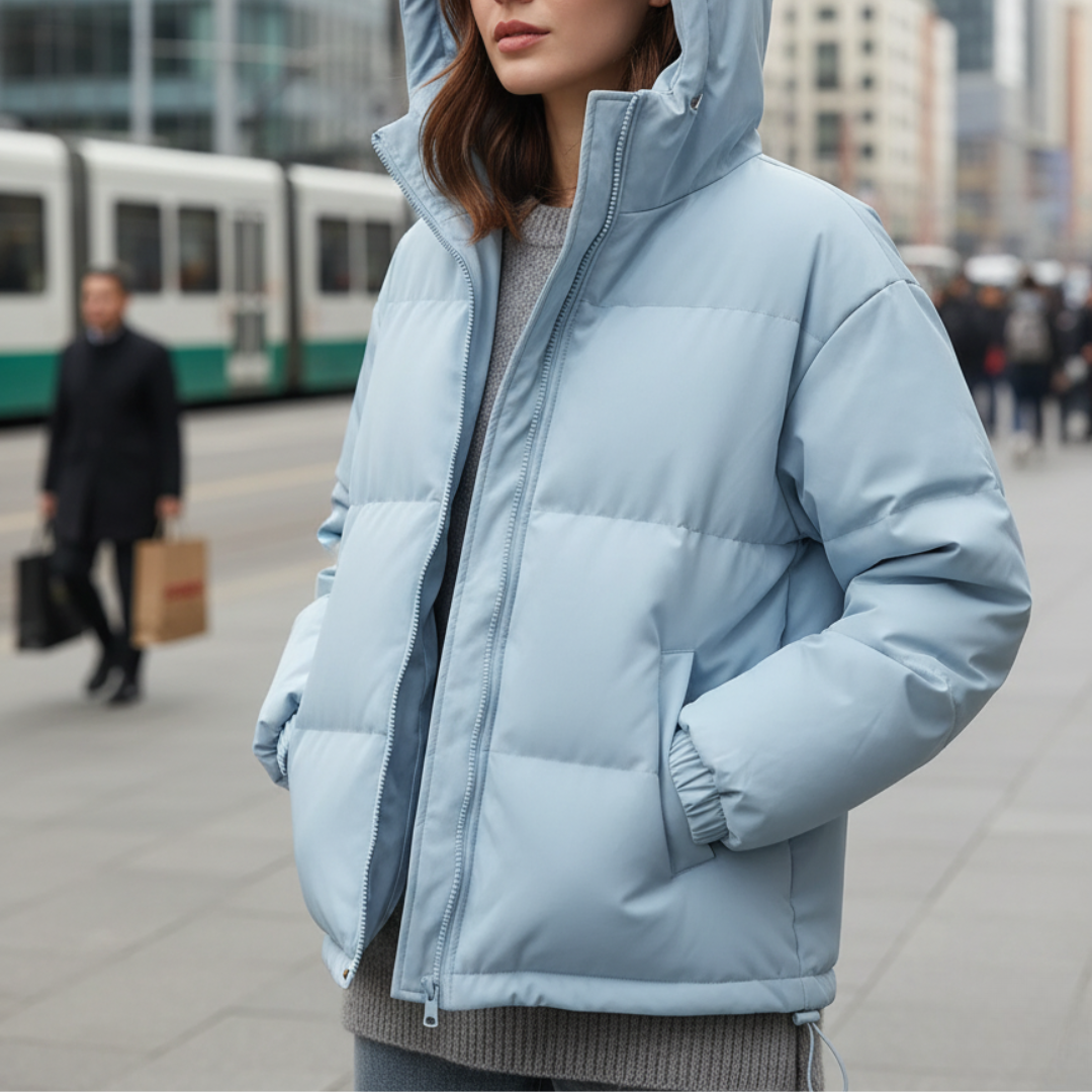 Veste matelassée femme cintrée à capuche zippée – Bleu clair
