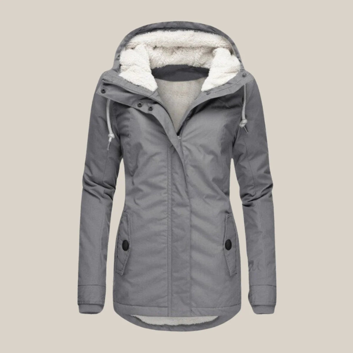 Veste sherpa femme matelassée à capuche et zip – Gris