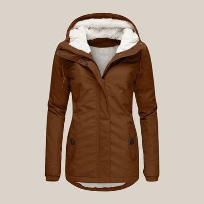 Veste sherpa femme matelassée à capuche et zip – Marron